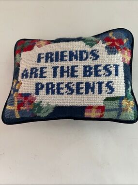 Xmas Needlepoint Accent Pillow "Friends Are The Best Presents" in Navy and White